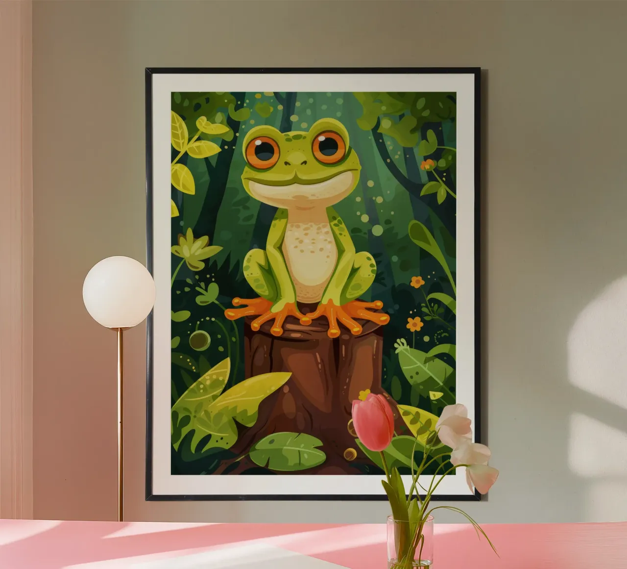Grenouille vert vif perchée sur une souche d'arbre entourée d'une végétation luxuriante. poster avec cadre en aluminium de DesignDoodle