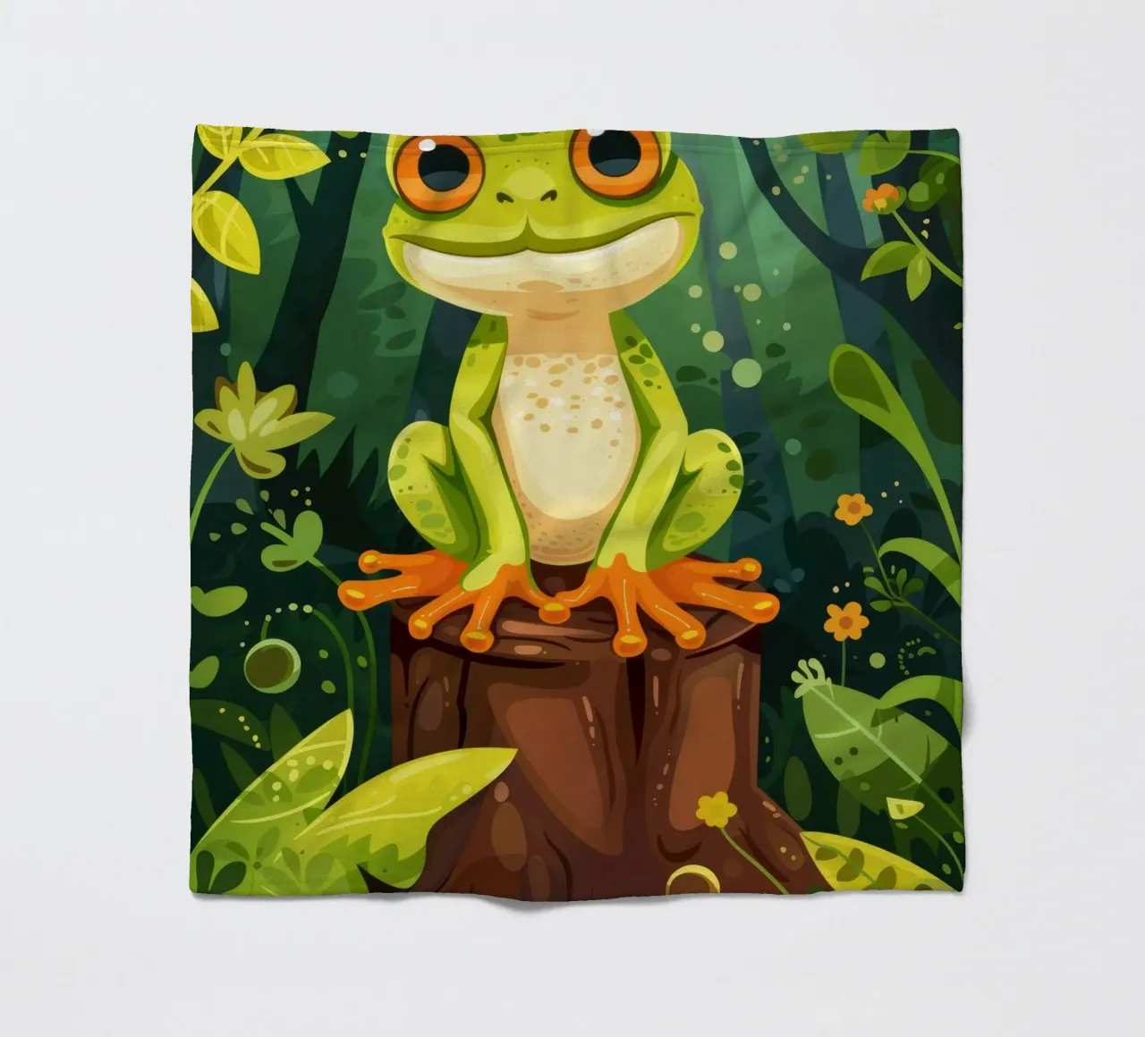Rana verde brillante appollaiata su un ceppo d'albero circondato da un rigoglioso coperta in pile da DesignDoodle