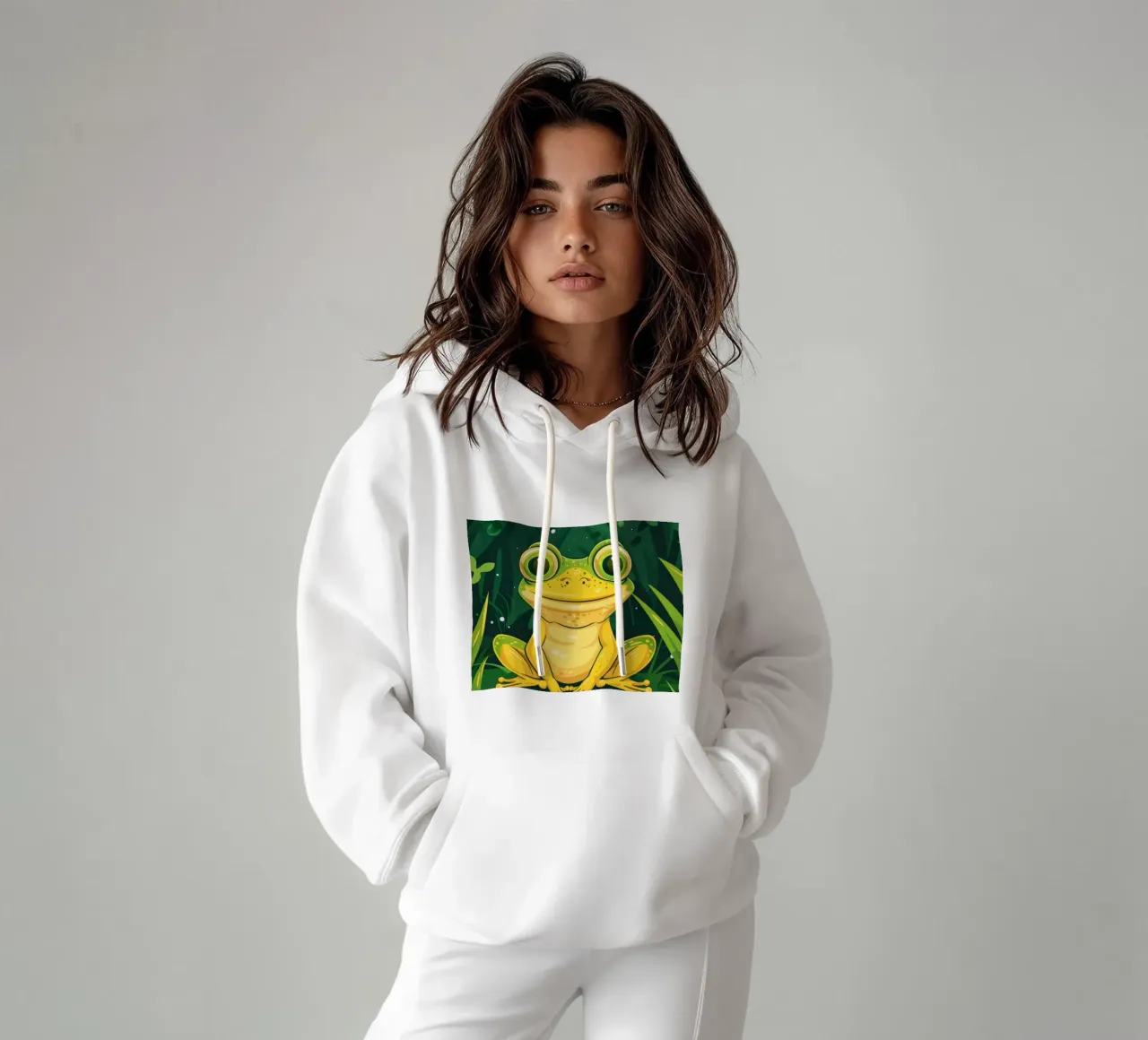 Simpática rana de dibujos animados sentada en una exuberante vegetación con ojos brillantes sudadera con capucha de DesignDoodle