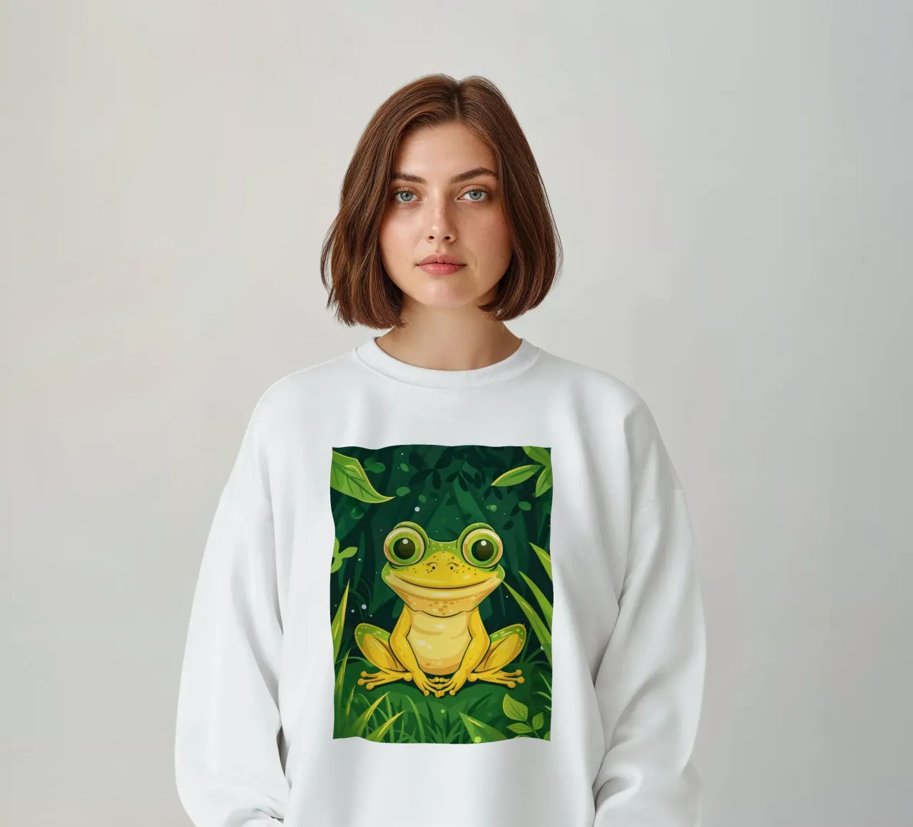Simpática rana de dibujos animados sentada en una exuberante vegetación con ojos brillantes sudadera de DesignDoodle