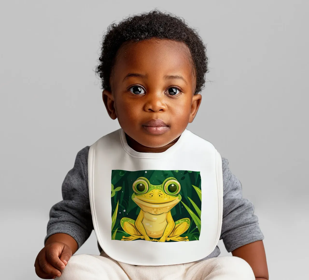 Cute cartoon frog sitting in lush greenery with bright eyes baby bib by DesignDoodle