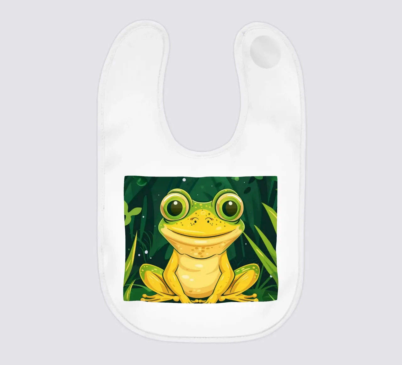Cute cartoon frog sitting in lush greenery with bright eyes baby bib by DesignDoodle