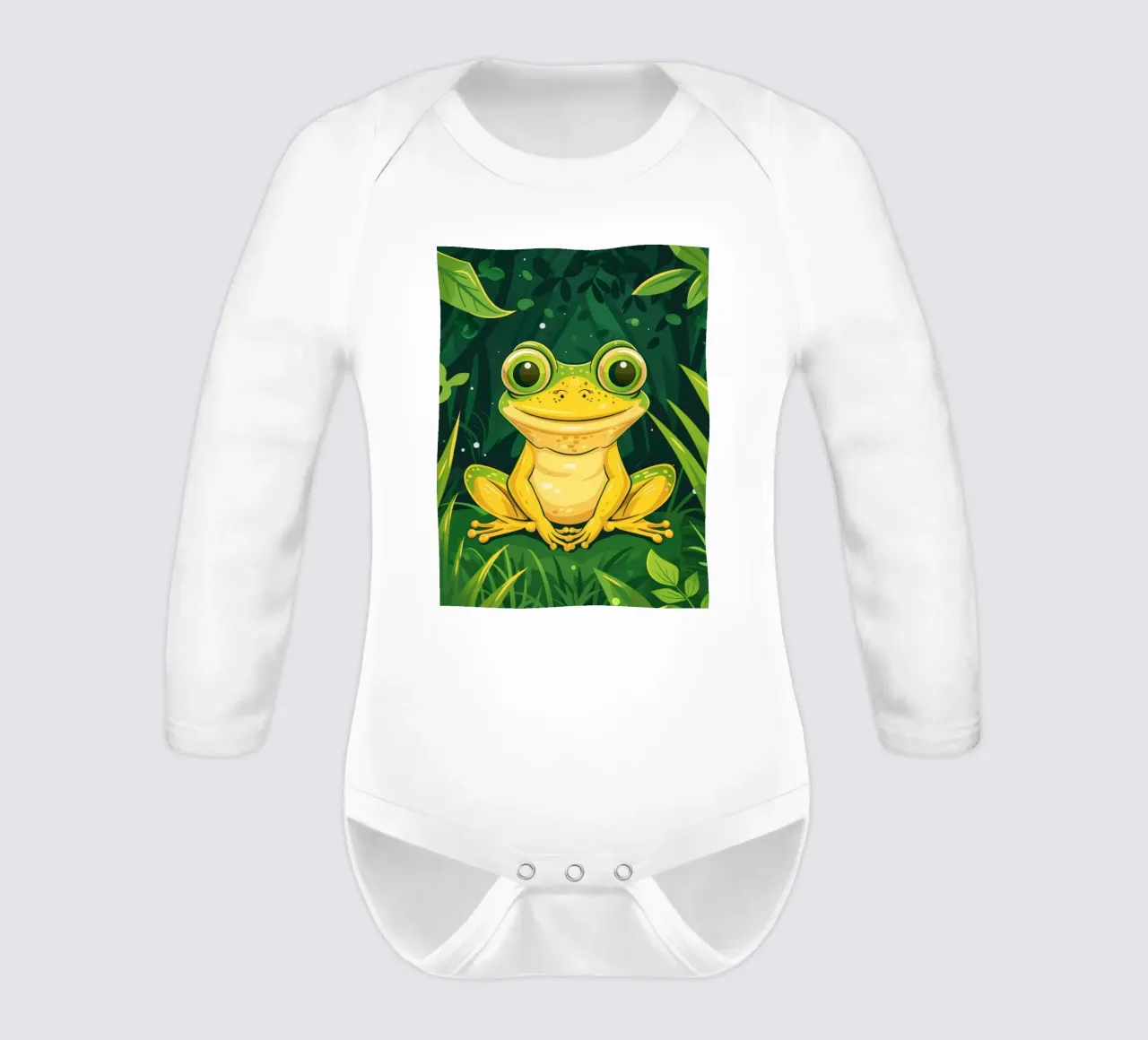 Cute cartoon frog sitting in lush greenery with bright eyes long-sleeve baby romper by DesignDoodle