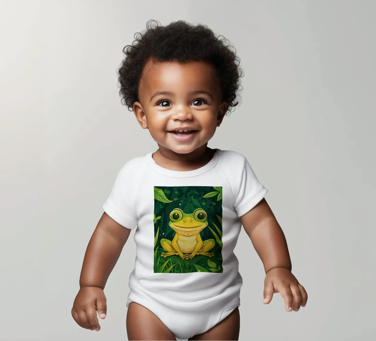 Cute cartoon frog sitting in lush greenery with bright eyes short-sleeve baby romper by DesignDoodle