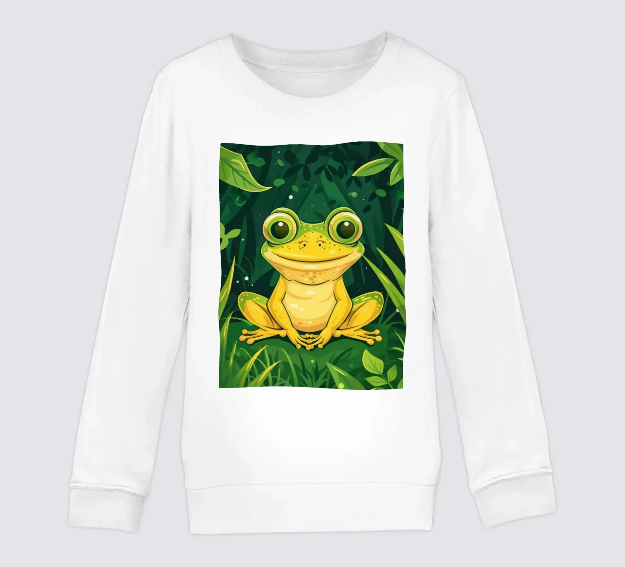 Niedlicher Cartoon-Frosch mit leuchtenden Augen, der in üppigem Grün sitzt Kinder Sweatshirt von DesignDoodle