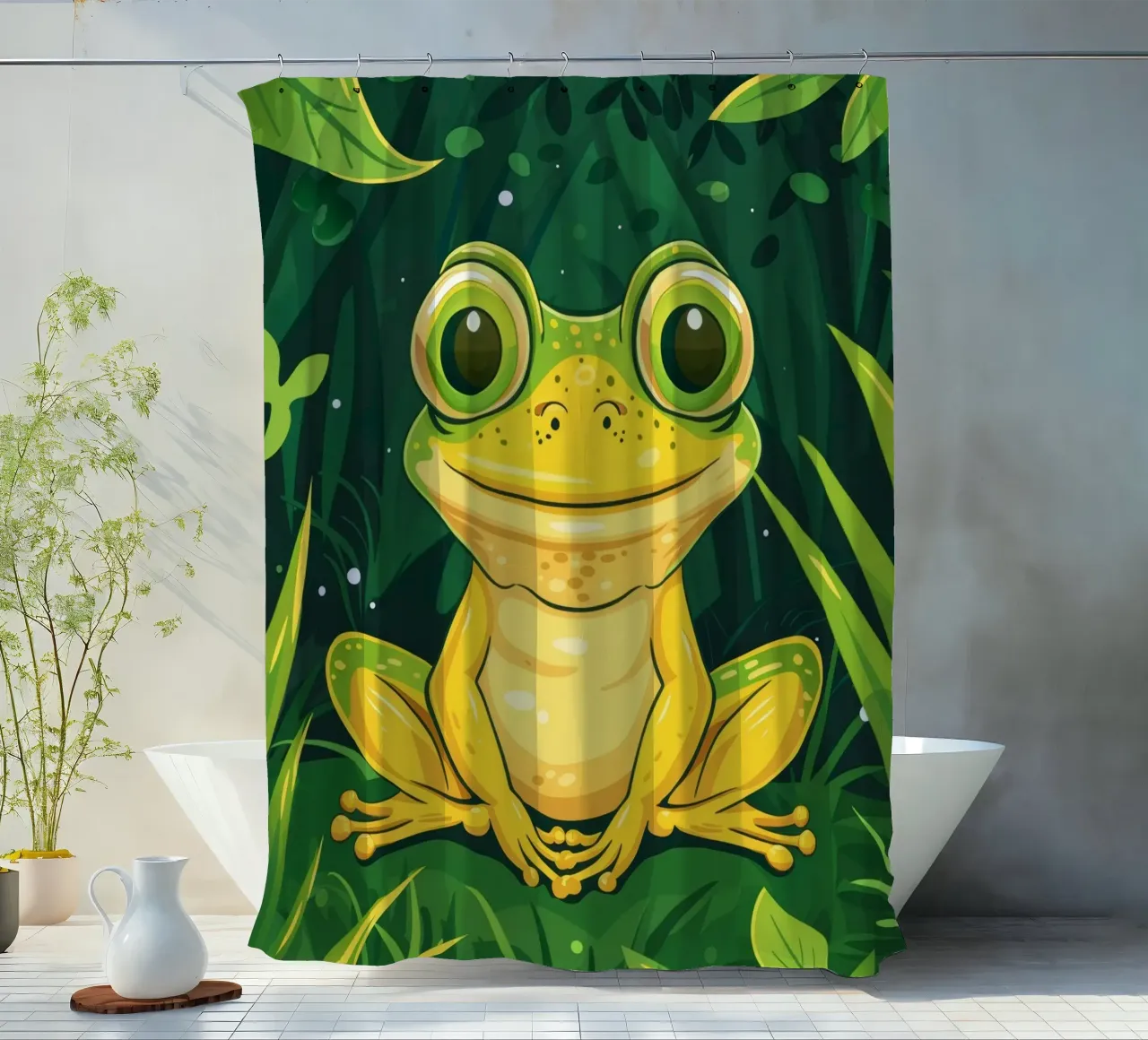 Cute cartoon frog sitting in lush greenery with bright eyes shower curtain by DesignDoodle