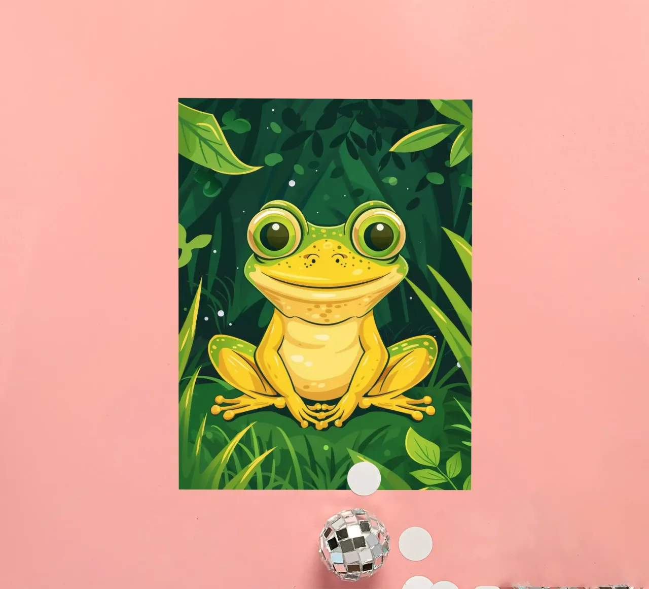 Niedlicher Cartoon-Frosch mit leuchtenden Augen, der in üppigem Grün sitzt Sticker von DesignDoodle