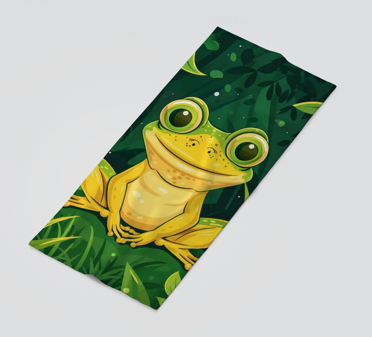 Cute cartoon frog sitting in lush greenery with bright eyes beach towel by DesignDoodle