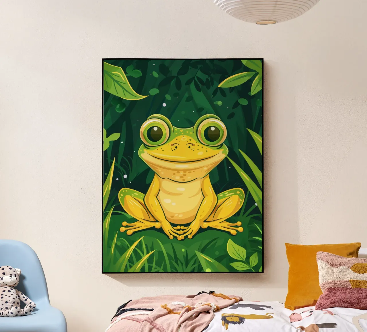 Simpática rana de dibujos animados sentada en una exuberante vegetación con ojos brillantes metacrilato de DesignDoodle