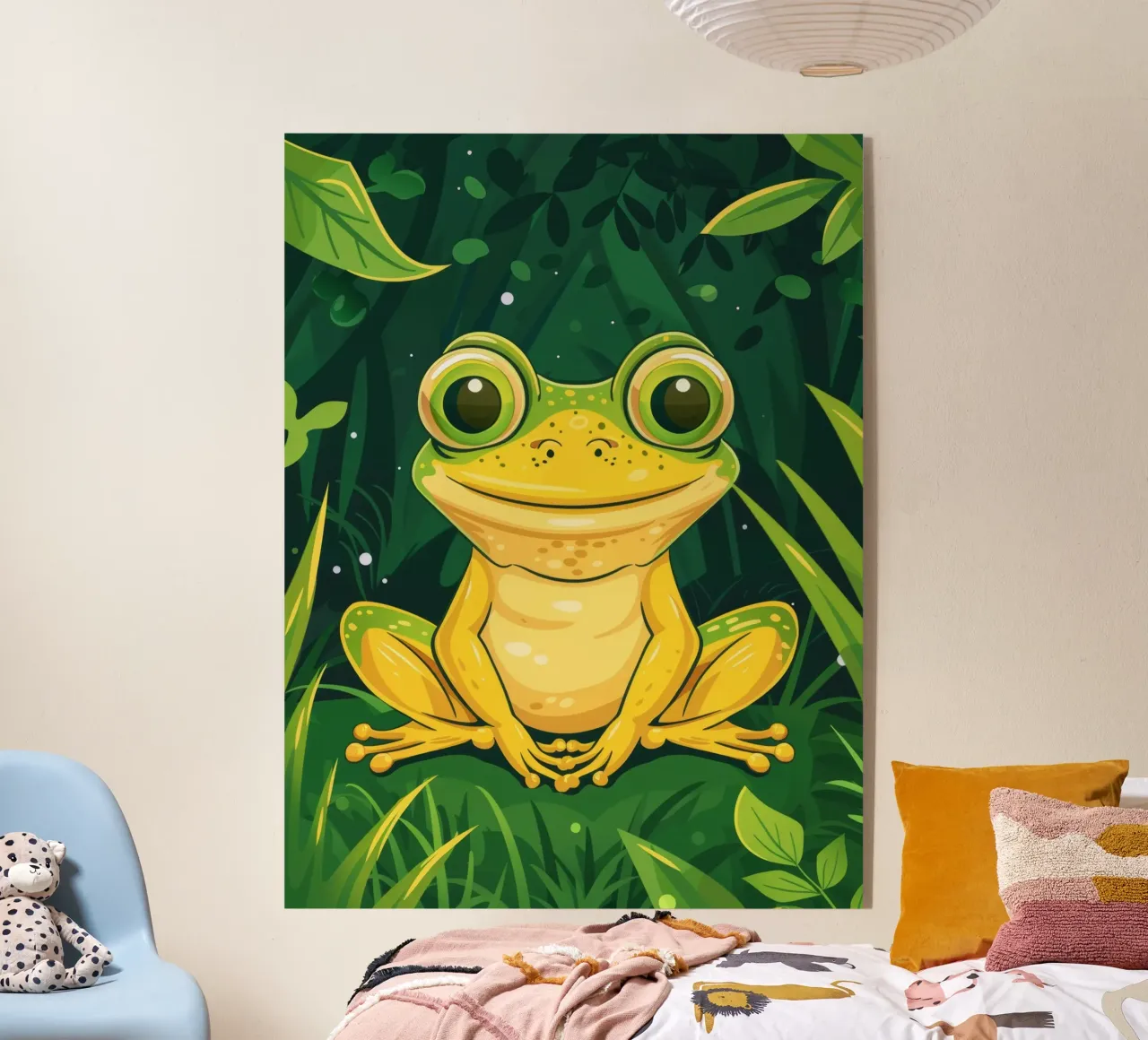 Simpática rana de dibujos animados sentada en una exuberante vegetación con ojos brillantes metacrilato de DesignDoodle