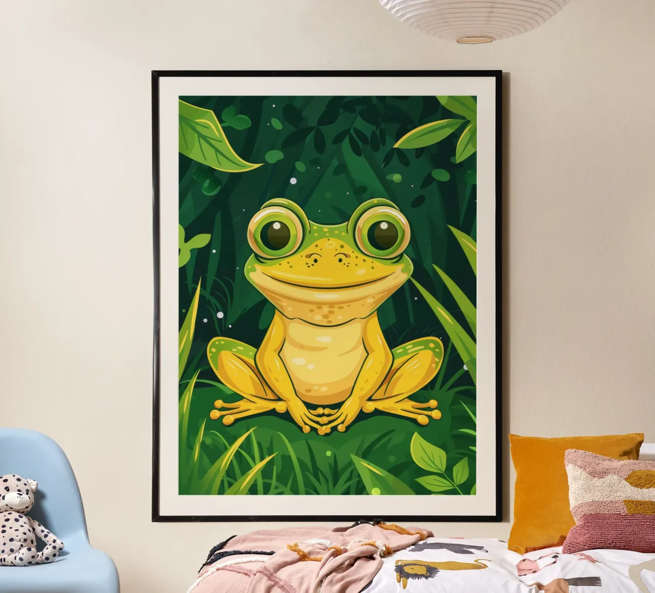 Cute cartoon frog sitting in lush greenery with bright eyes poster by DesignDoodle
