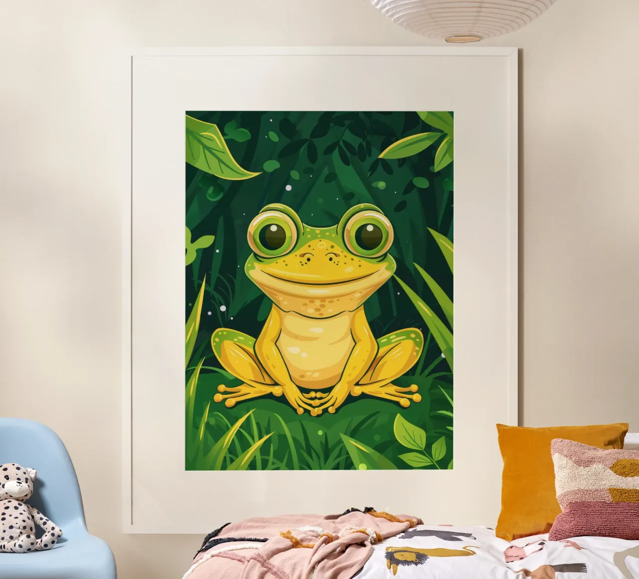 Cute cartoon frog sitting in lush greenery with bright eyes poster by DesignDoodle