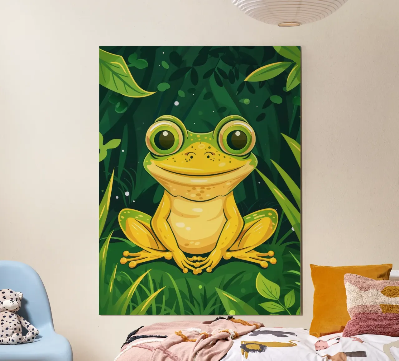 Cute cartoon frog sitting in lush greenery with bright eyes poster by DesignDoodle