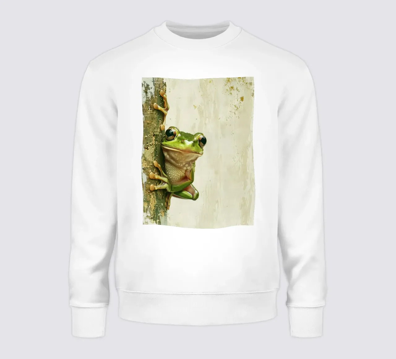 Climbing green frog resting on tree bark in a sheltered fore sweatshirt by DesignDoodle
