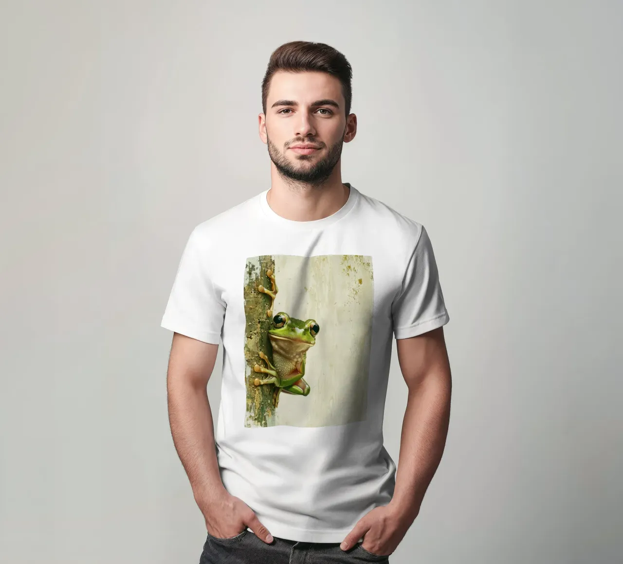 Rana verde arrampicatrice che si riposa sulla corteccia di un albero in un'area riparata t-shirt da DesignDoodle