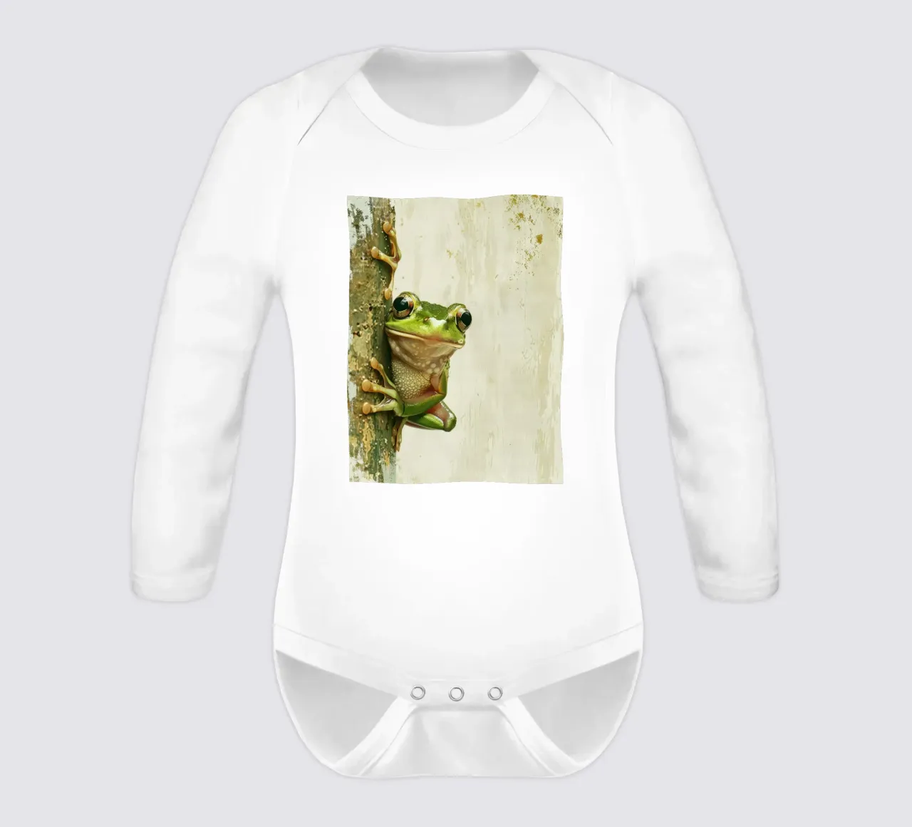 Climbing green frog resting on tree bark in a sheltered fore long-sleeve baby romper by DesignDoodle