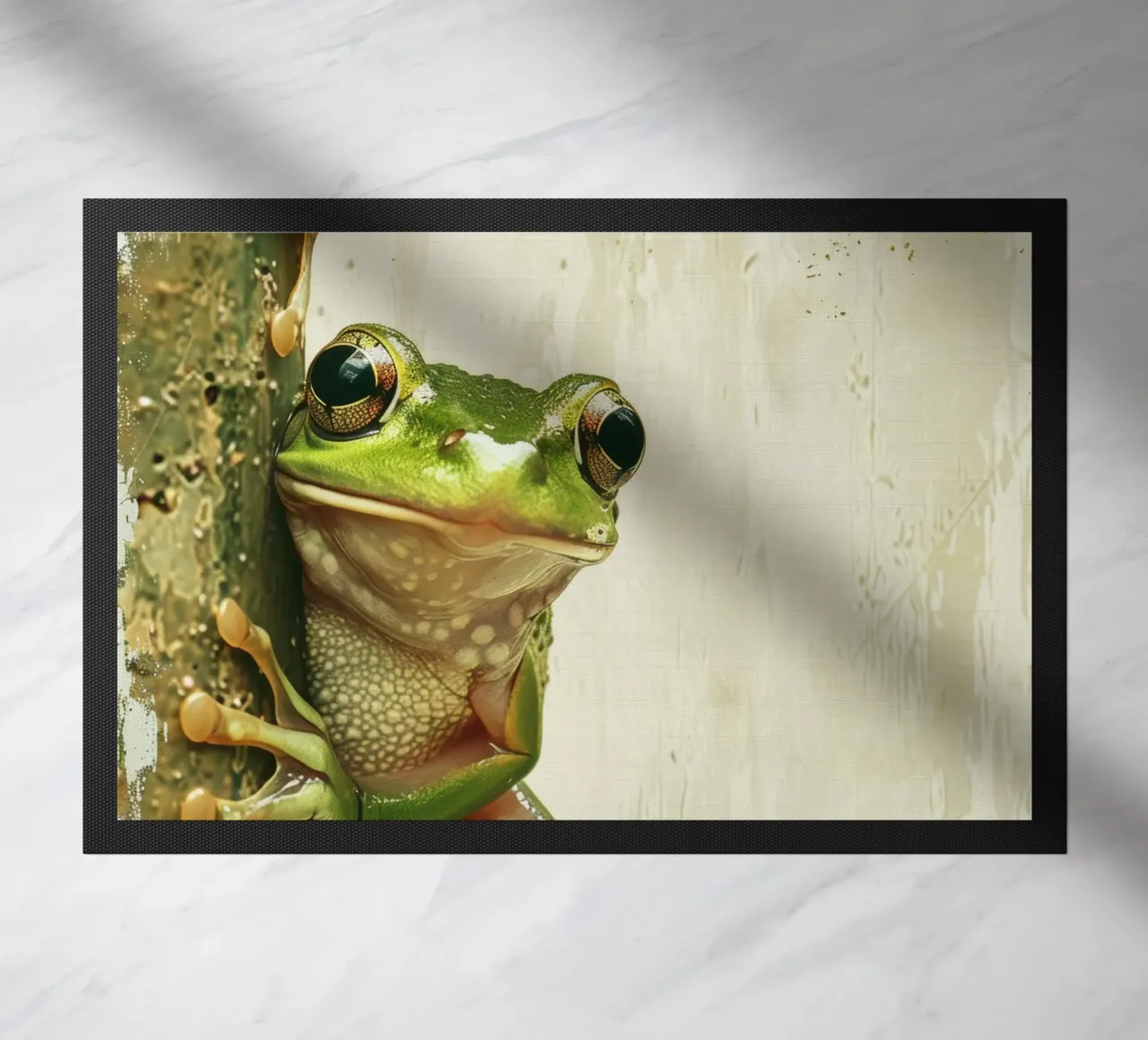 Climbing green frog resting on tree bark in a sheltered fore doormat by DesignDoodle