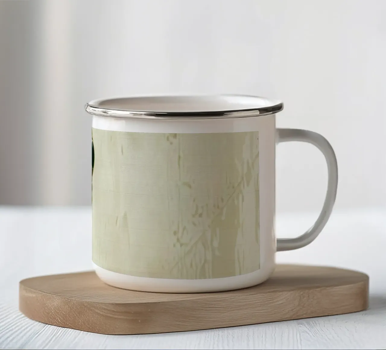 Climbing green frog resting on tree bark in a sheltered fore enamel mug by DesignDoodle