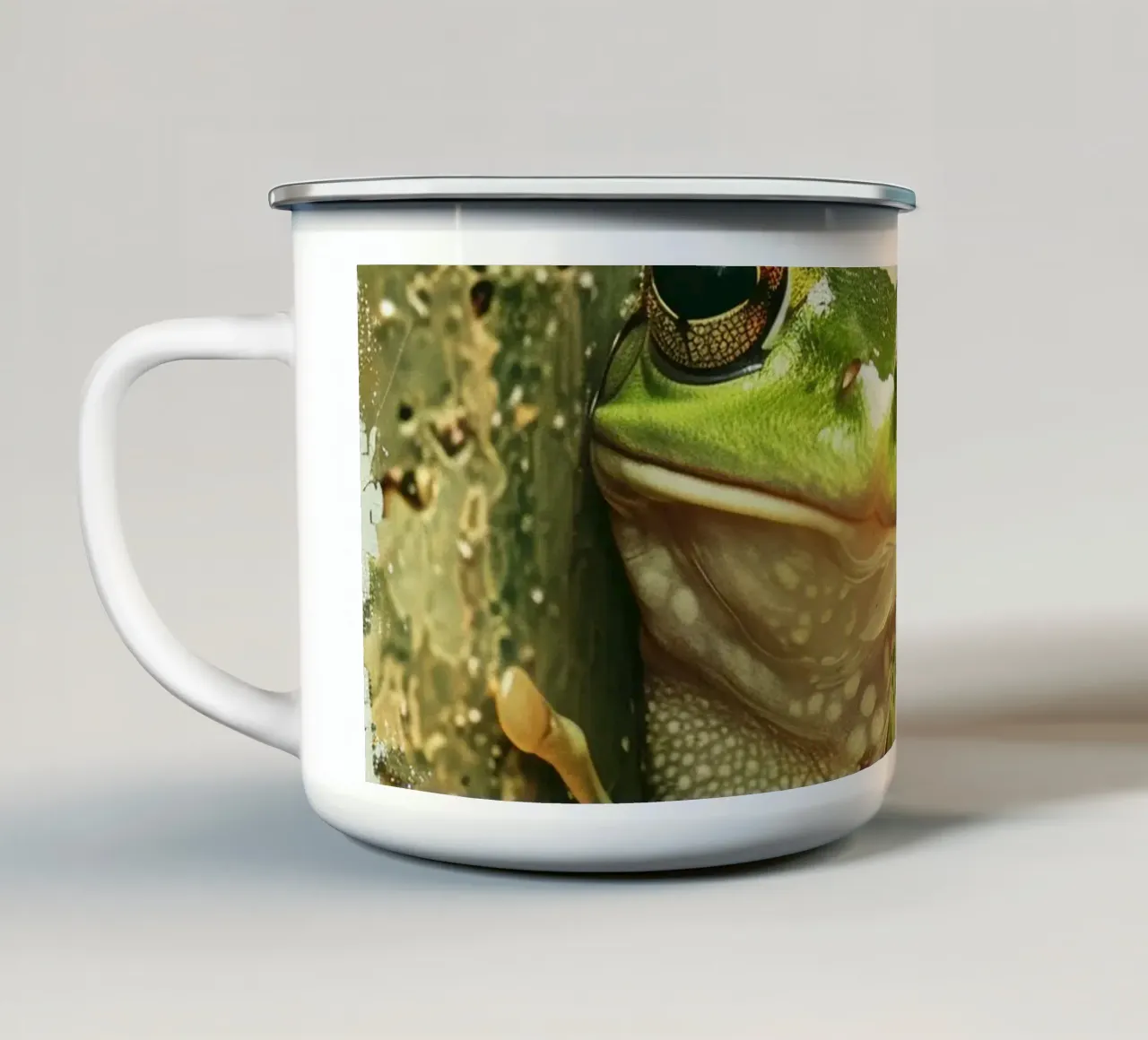 Climbing green frog resting on tree bark in a sheltered fore enamel mug by DesignDoodle
