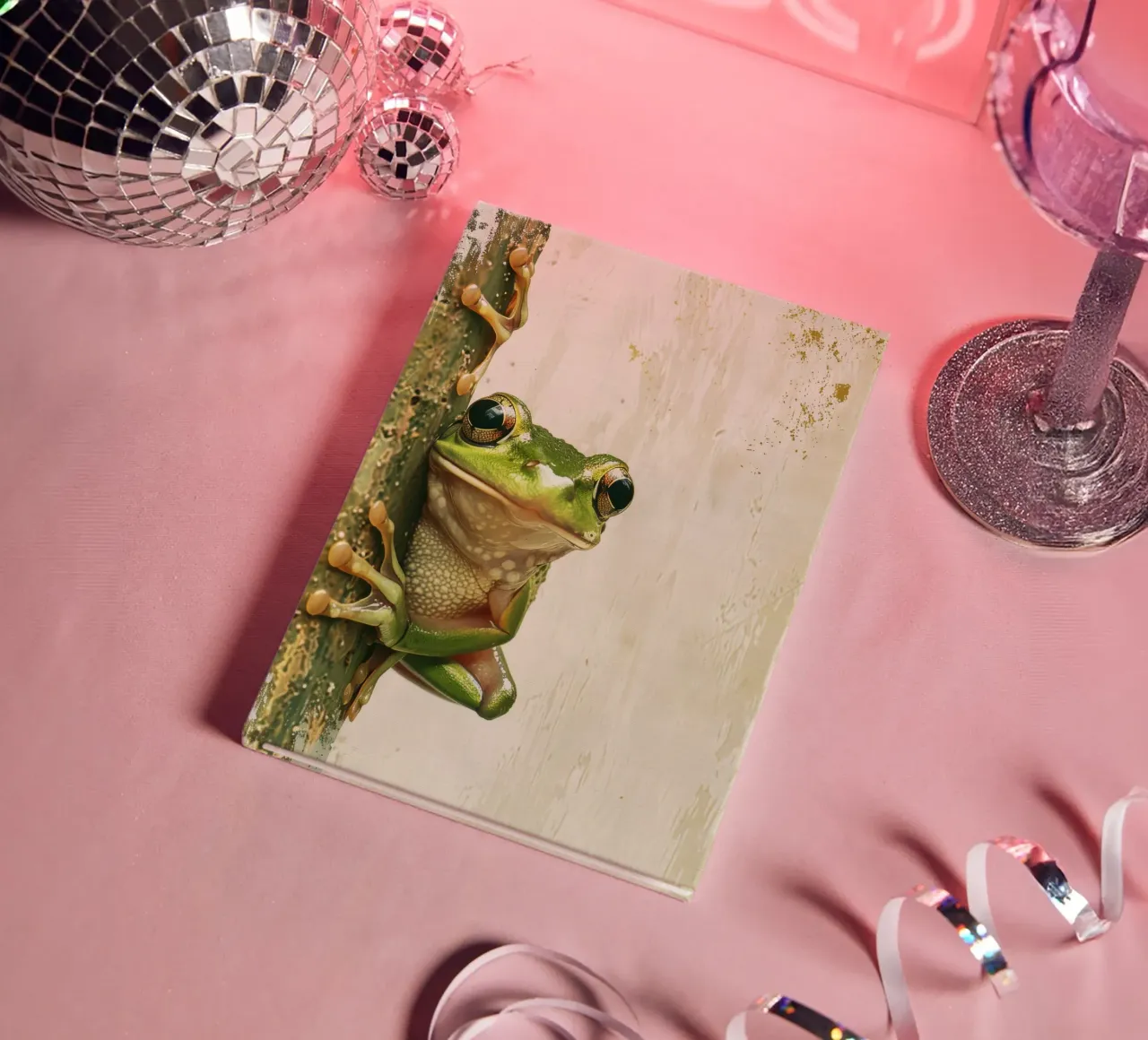 Climbing green frog resting on tree bark in a sheltered fore notebook by DesignDoodle