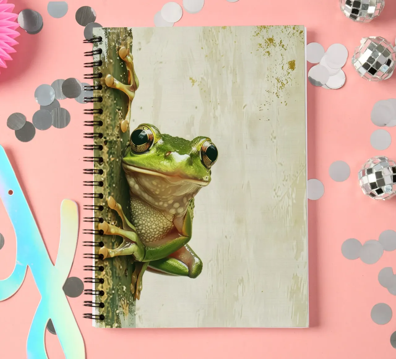 Climbing green frog resting on tree bark in a sheltered fore spiral notebook by DesignDoodle