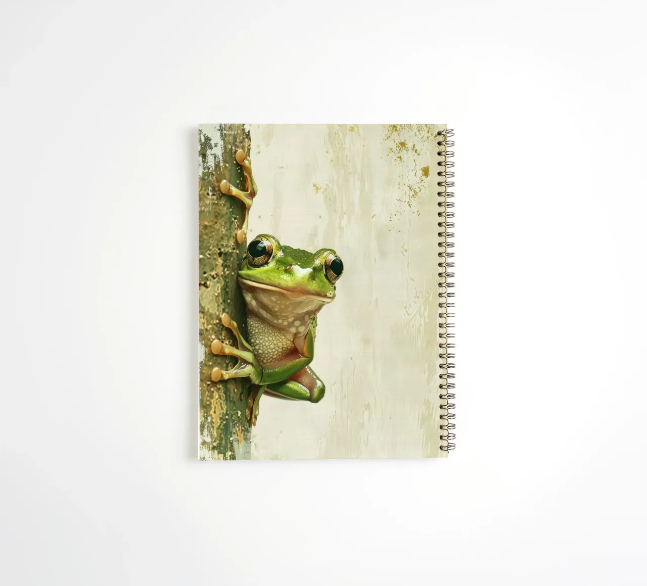 Climbing green frog resting on tree bark in a sheltered fore spiral notebook by DesignDoodle