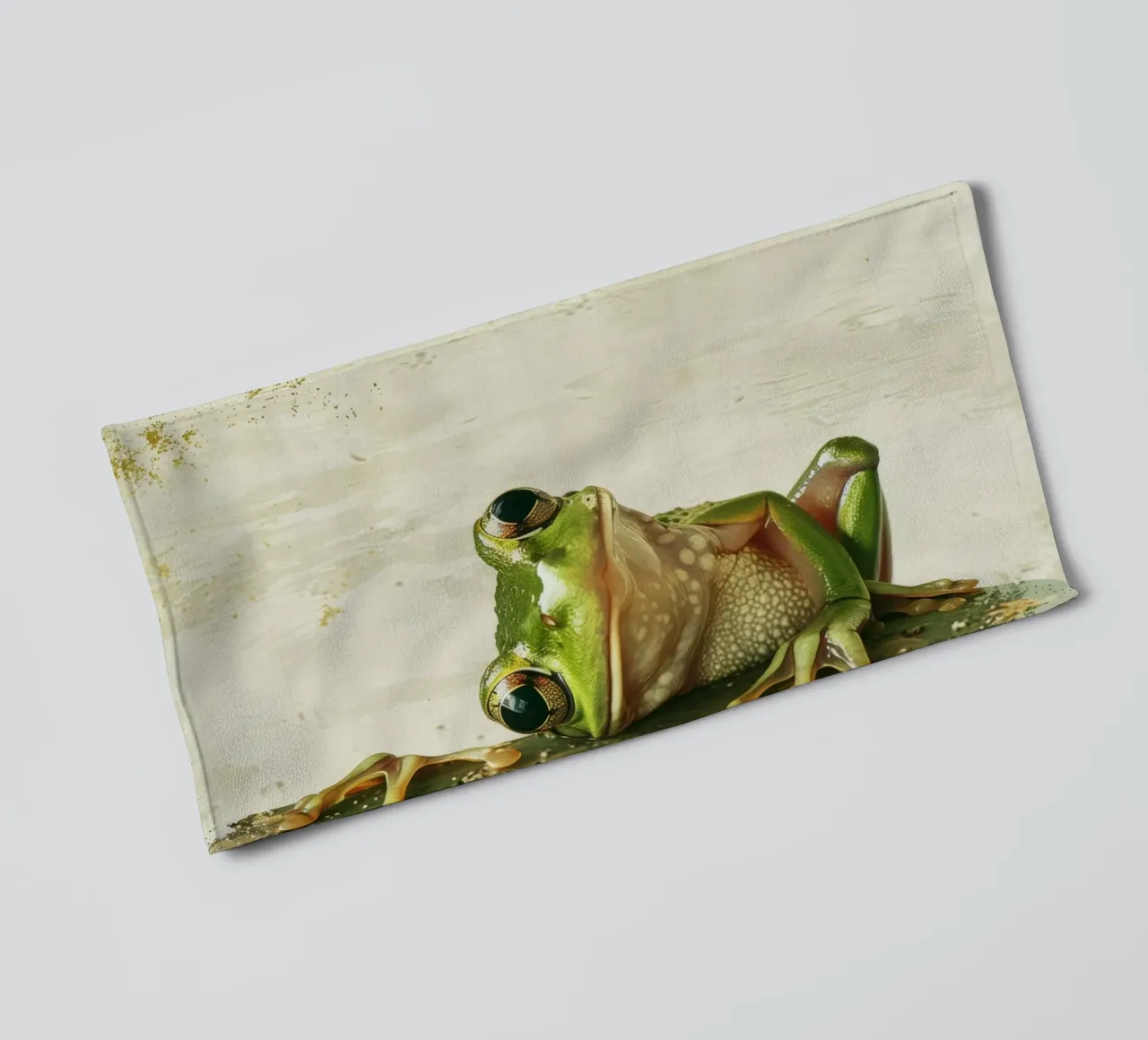 Climbing green frog resting on tree bark in a sheltered fore towel by DesignDoodle