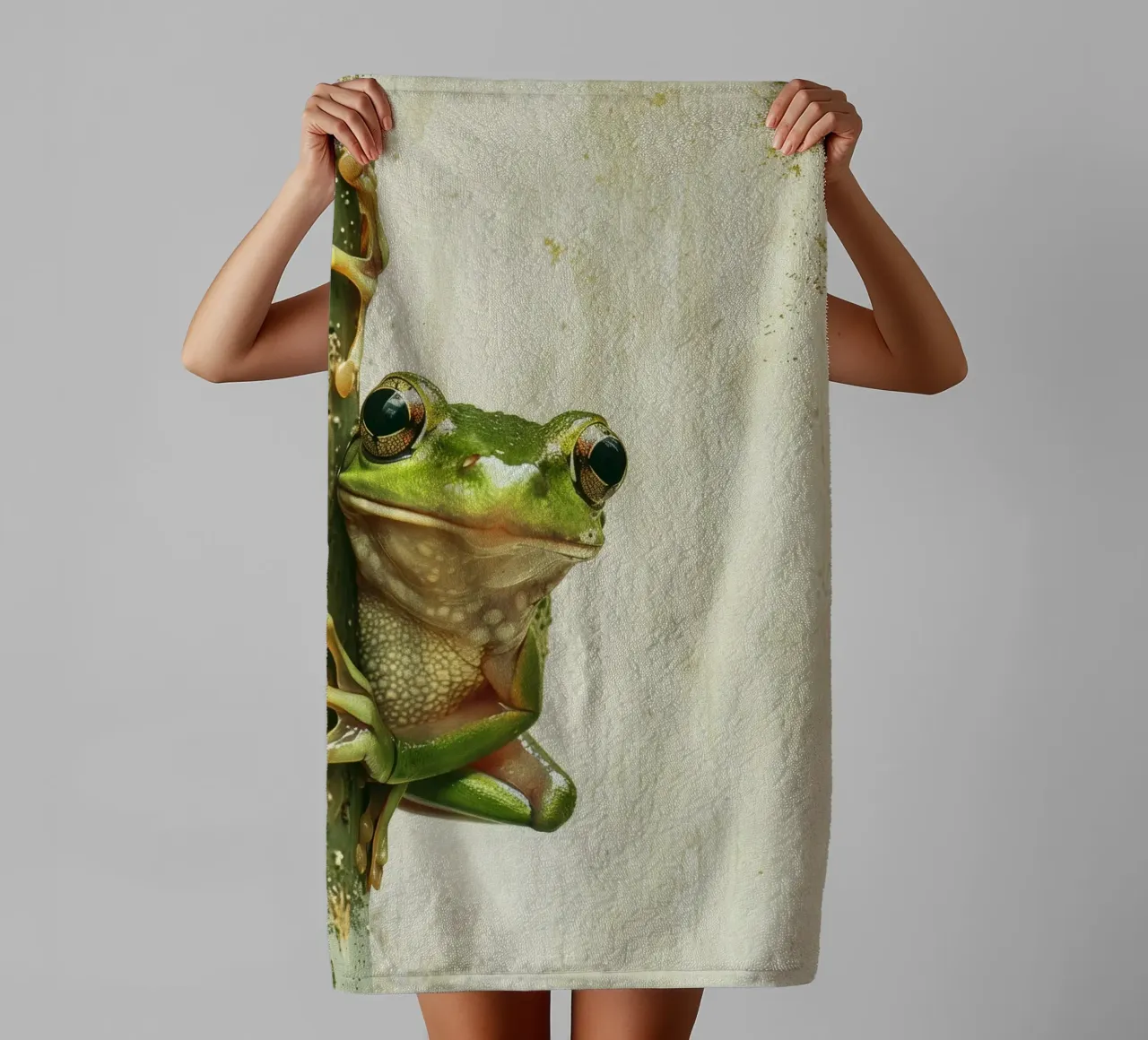 Climbing green frog resting on tree bark in a sheltered fore towel by DesignDoodle