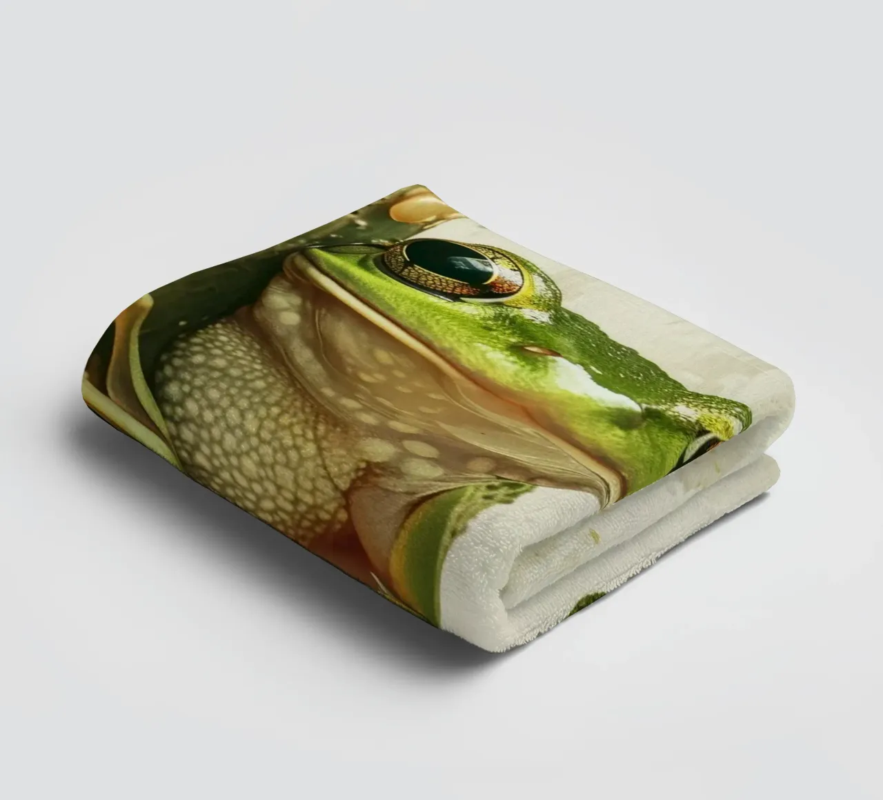 Climbing green frog resting on tree bark in a sheltered fore towel by DesignDoodle