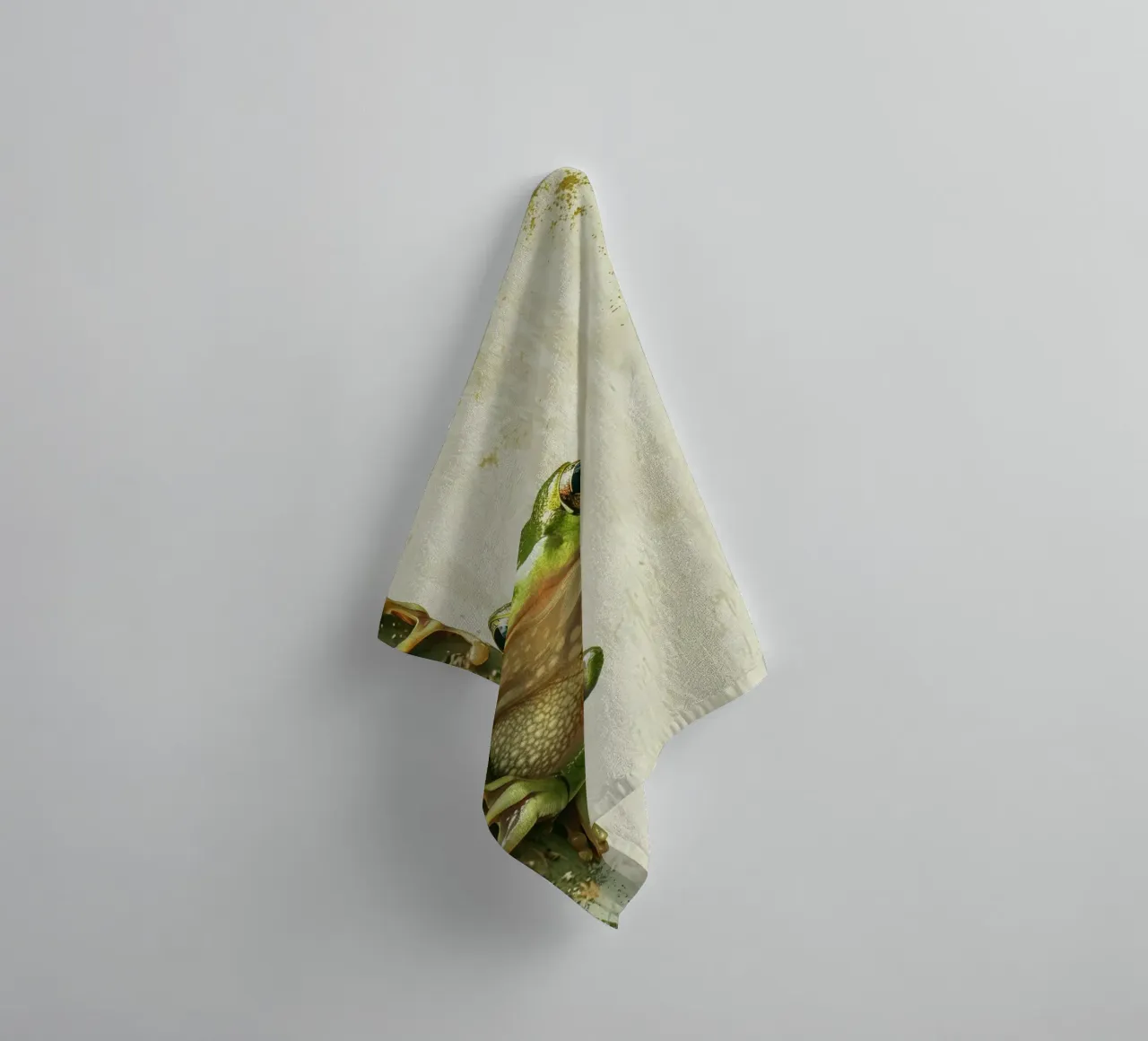 Climbing green frog resting on tree bark in a sheltered fore towel by DesignDoodle