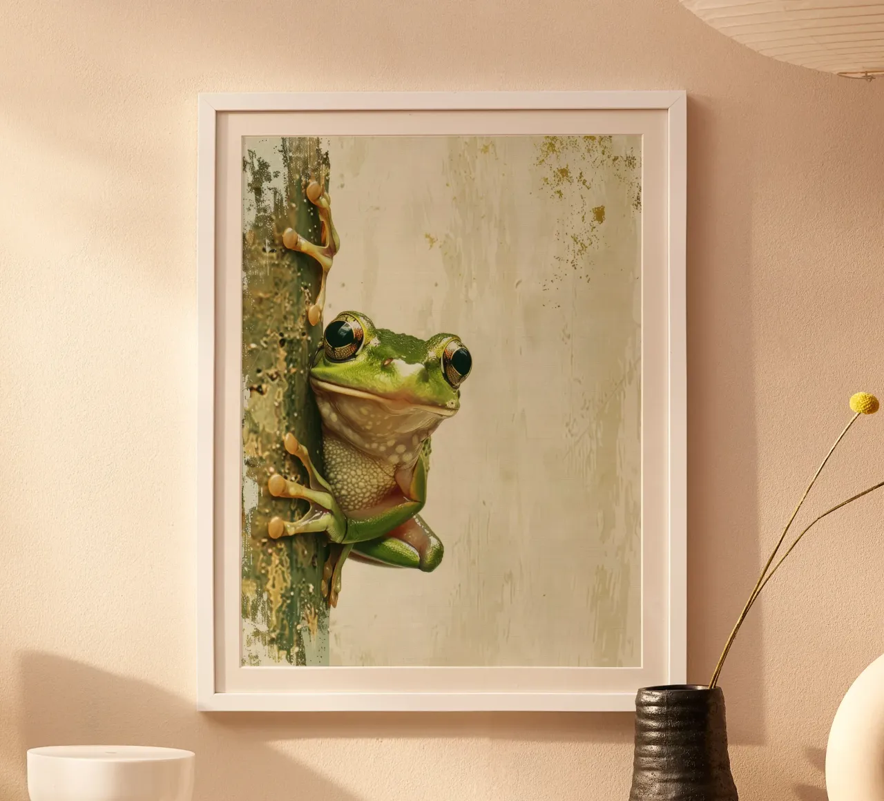 Climbing green frog resting on tree bark in a sheltered fore hahnemühle by DesignDoodle
