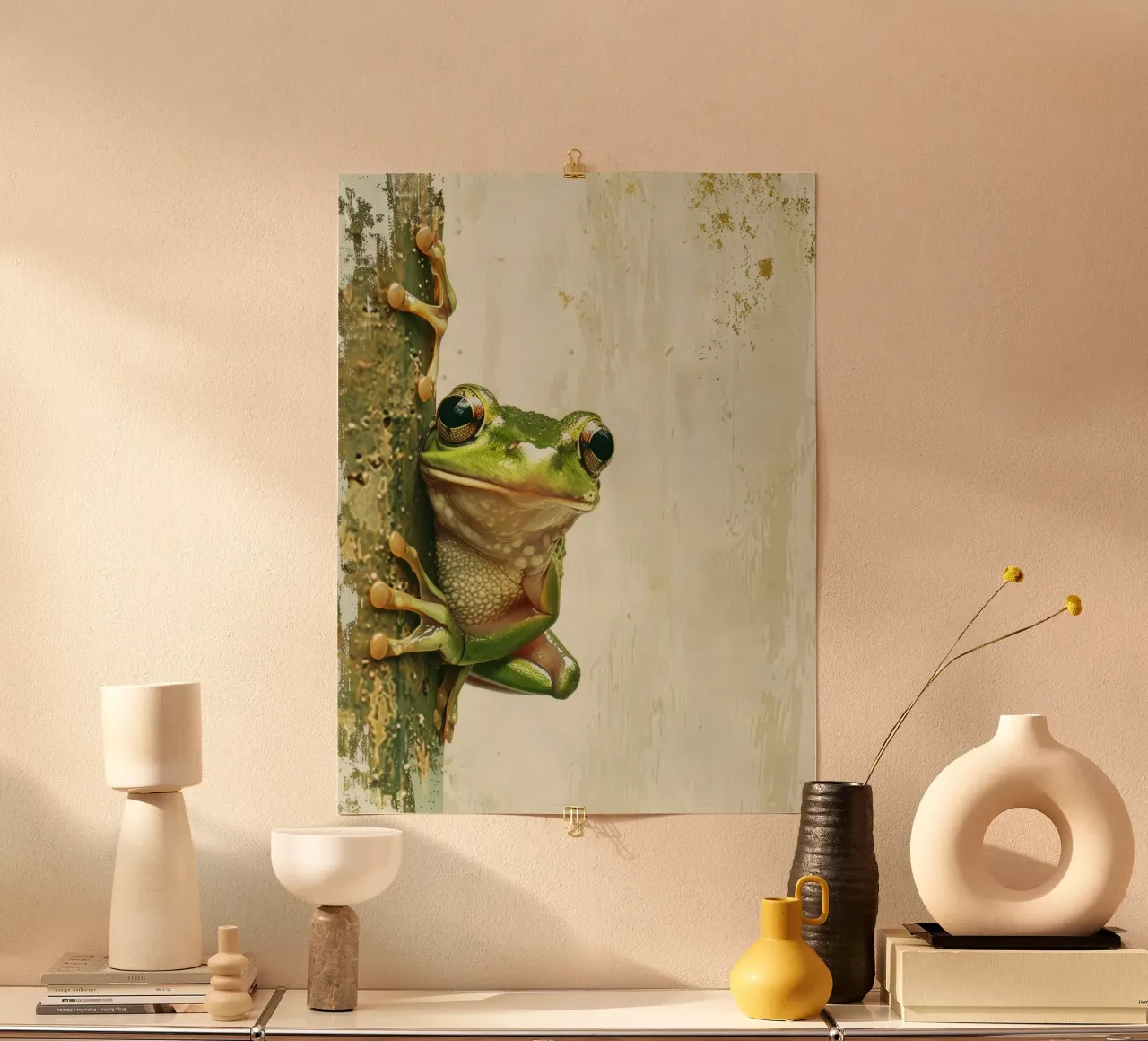Climbing green frog resting on tree bark in a sheltered fore hahnemühle by DesignDoodle