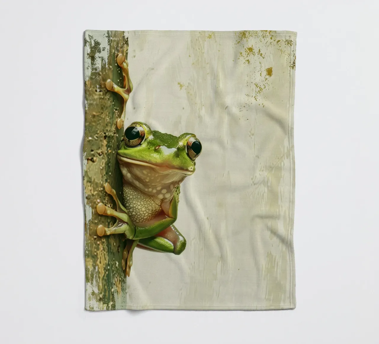 Climbing green frog resting on tree bark in a sheltered fore fleece blanket by DesignDoodle