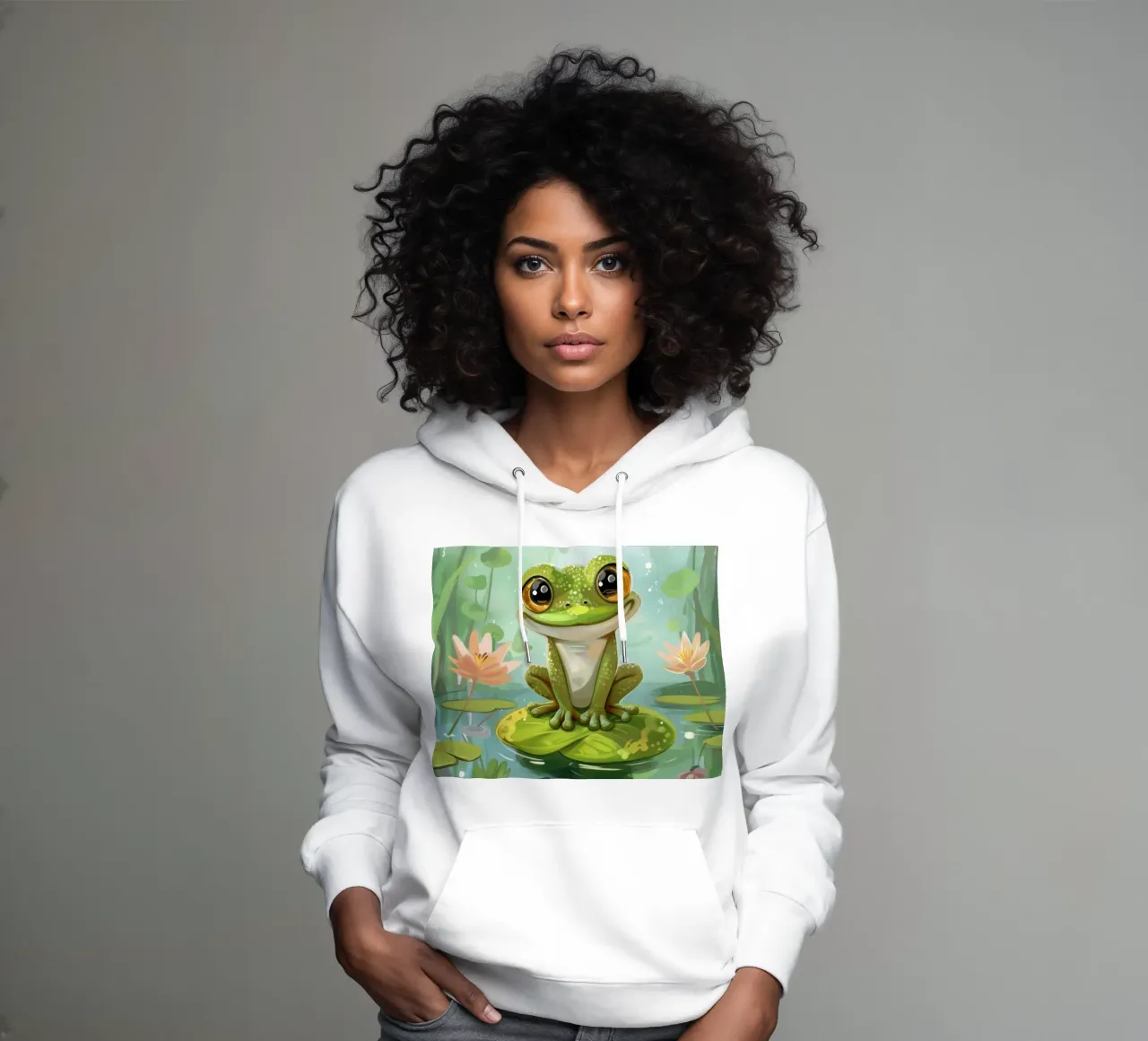 Rana seduta felicemente su una ninfea circondata da fiori felpa con cappuccio da DesignDoodle