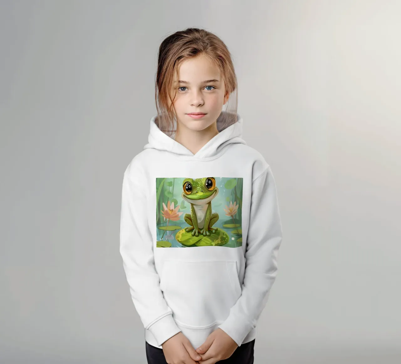 Rana seduta felicemente su una ninfea circondata da fiori felpa bambino con cappuccio da DesignDoodle