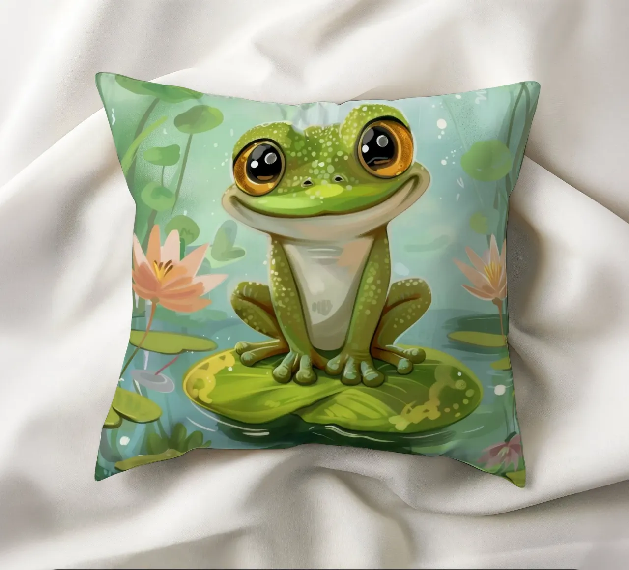 Rana seduta felicemente su una ninfea circondata da fiori cuscino da DesignDoodle