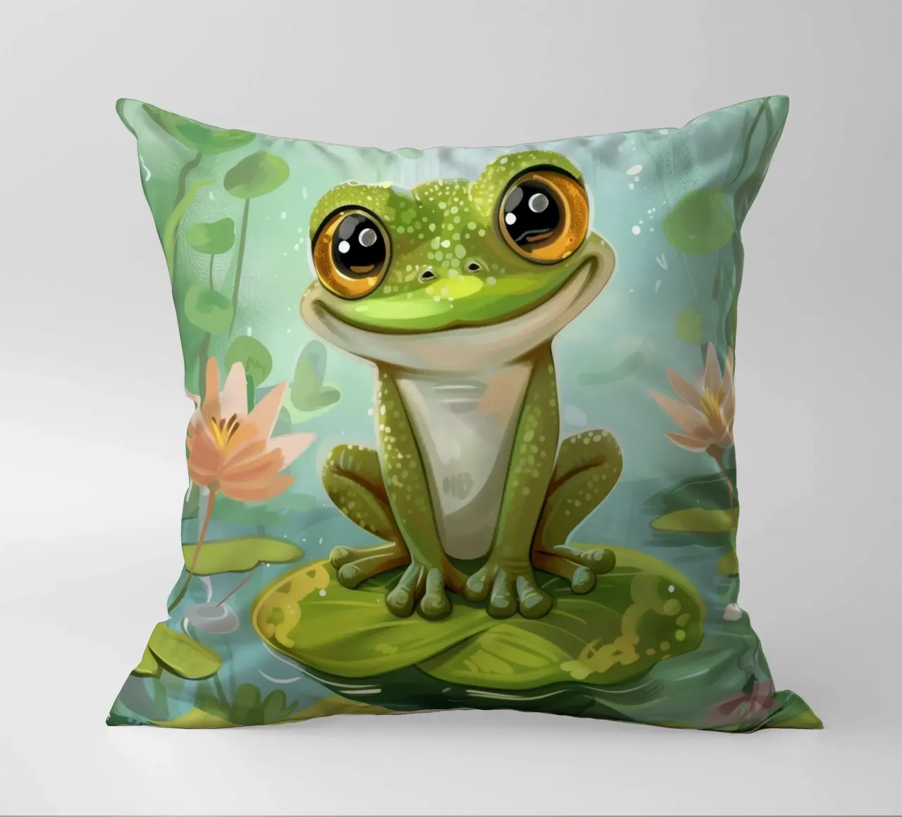 Rana seduta felicemente su una ninfea circondata da fiori cuscino da DesignDoodle
