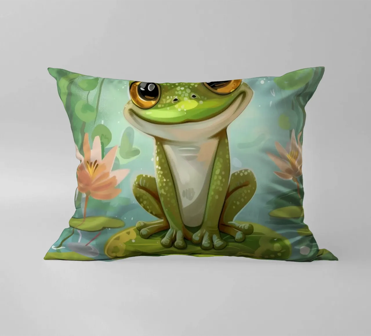 Rana seduta felicemente su una ninfea circondata da fiori cuscino da DesignDoodle