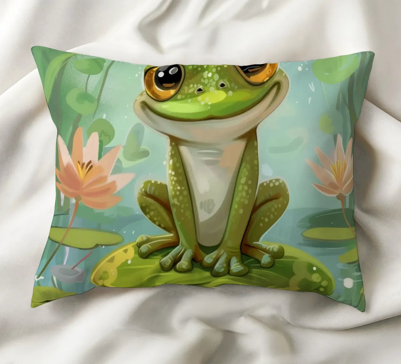 Rana seduta felicemente su una ninfea circondata da fiori cuscino da DesignDoodle