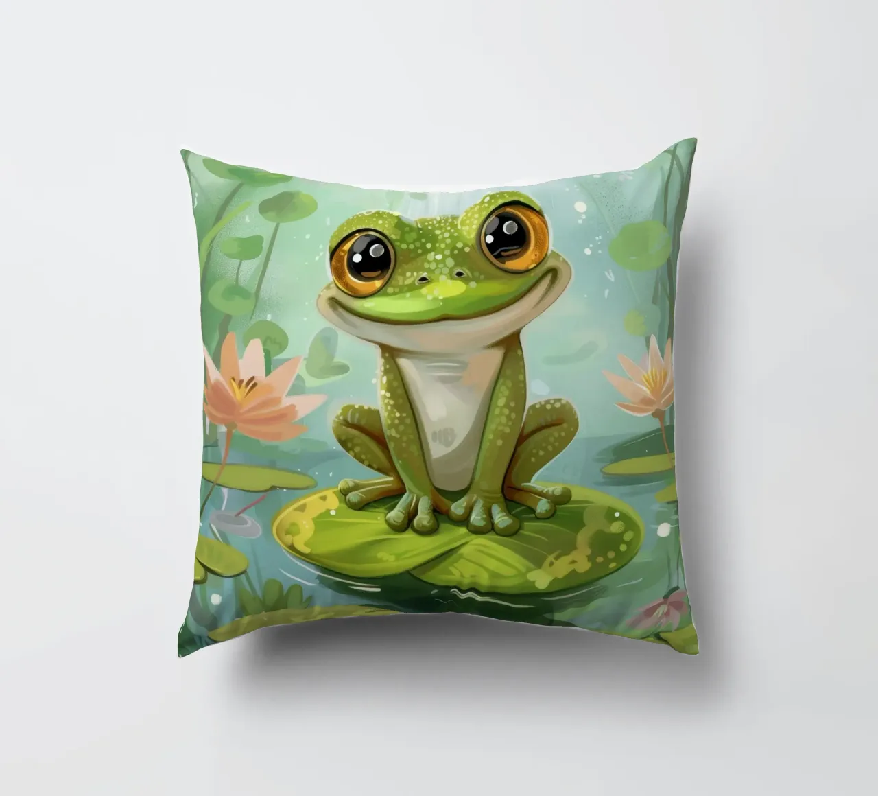 Rana seduta felicemente su una ninfea circondata da fiori cuscino da DesignDoodle