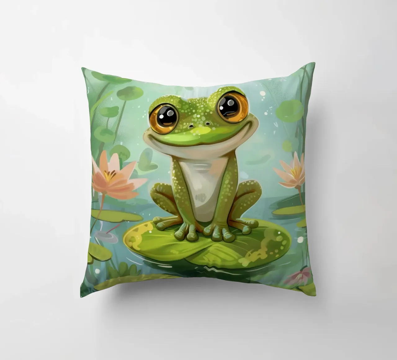 Rana seduta felicemente su una ninfea circondata da fiori cuscino da DesignDoodle