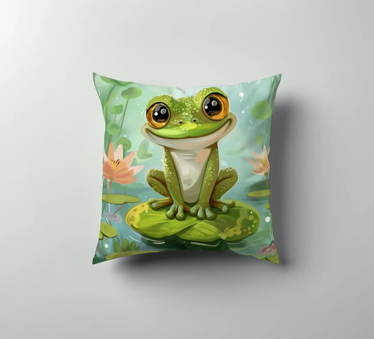 Rana seduta felicemente su una ninfea circondata da fiori cuscino da DesignDoodle