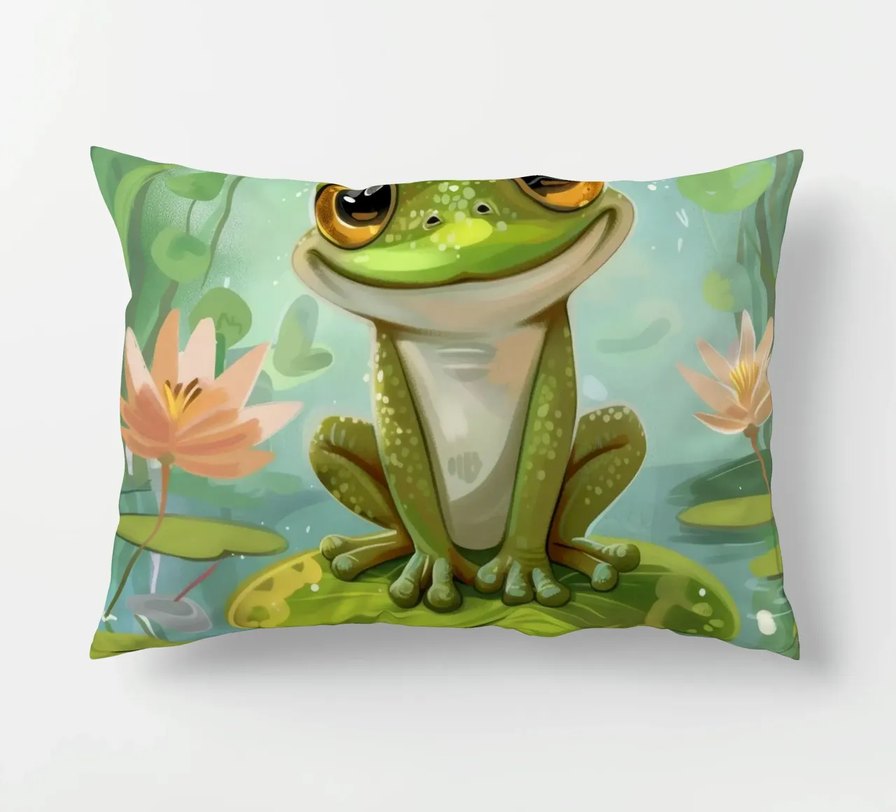 Rana seduta felicemente su una ninfea circondata da fiori cuscino da DesignDoodle