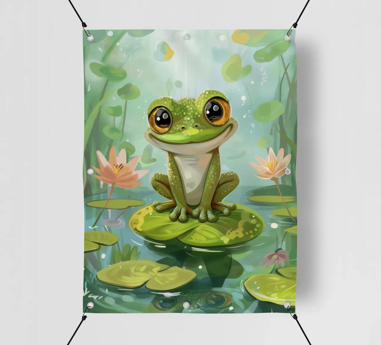 Rana seduta felicemente su una ninfea circondata da fiori telo in pvc da DesignDoodle