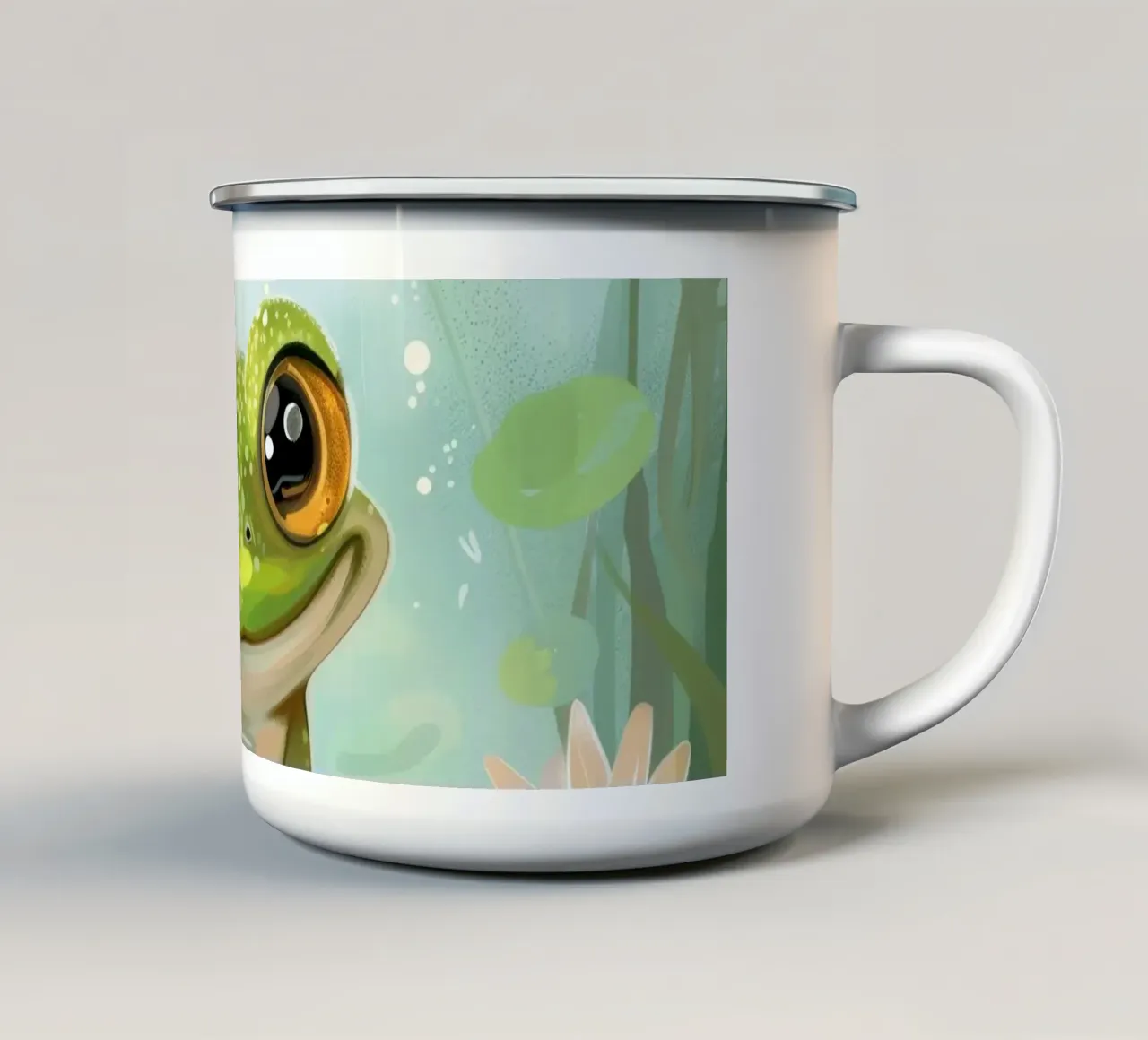 Rana seduta felicemente su una ninfea circondata da fiori tazza in smalto da DesignDoodle