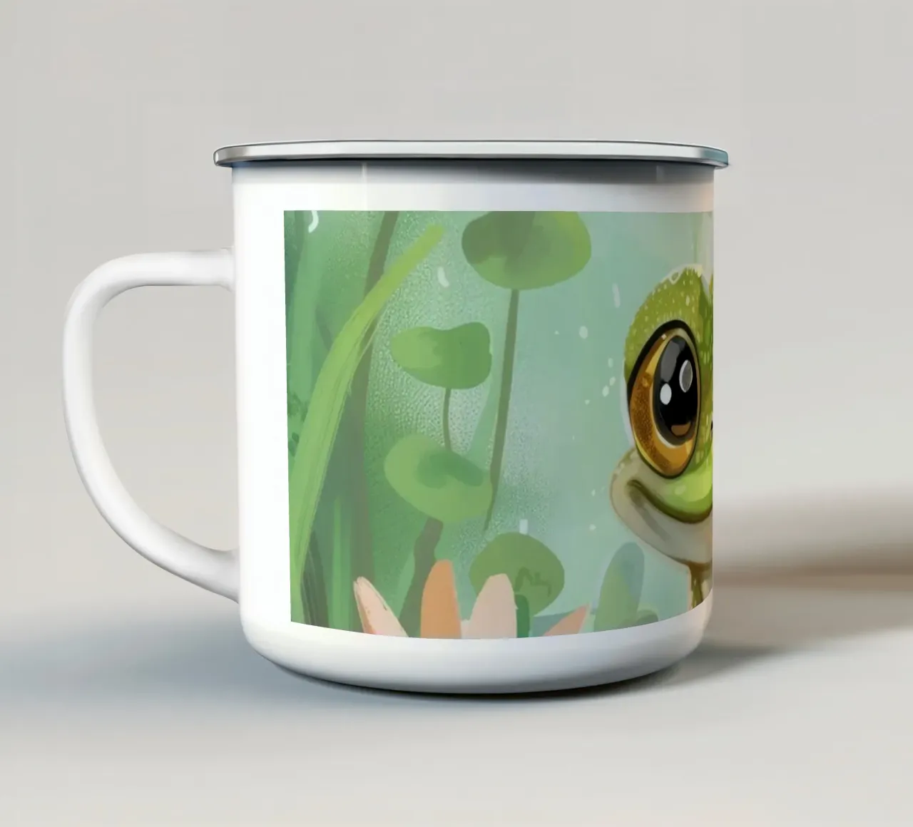 Rana seduta felicemente su una ninfea circondata da fiori tazza in smalto da DesignDoodle