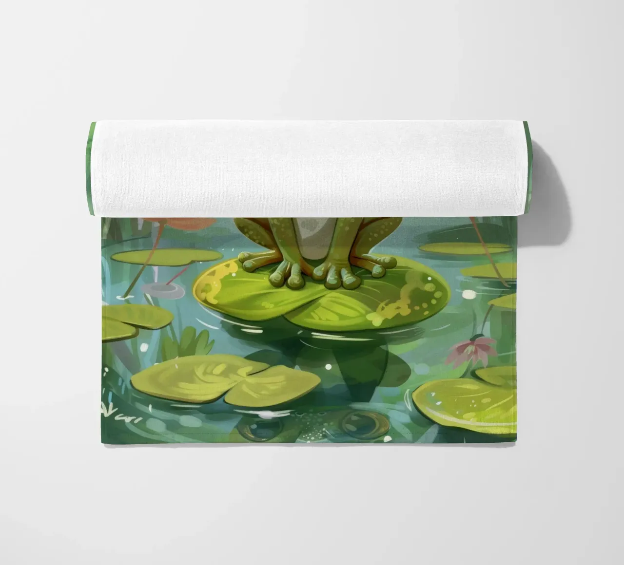 Rana seduta felicemente su una ninfea circondata da fiori telo mare da DesignDoodle