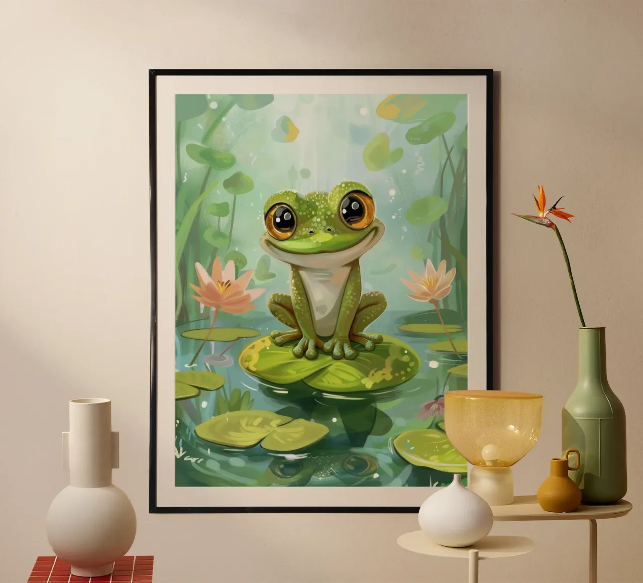 Rana seduta felicemente su una ninfea circondata da fiori carta hahnemühle da DesignDoodle