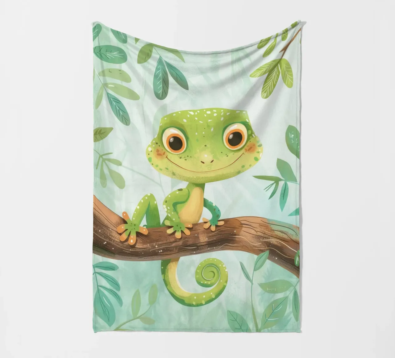 Cheerful green lizard resting on a branch amid leafy fleece blanket by DesignDoodle