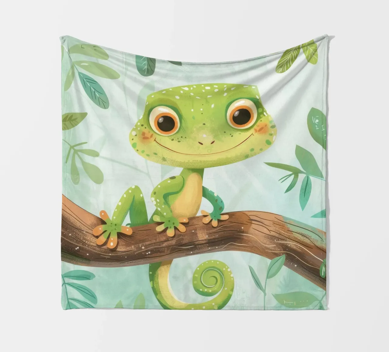 Cheerful green lizard resting on a branch amid leafy fleece blanket by DesignDoodle